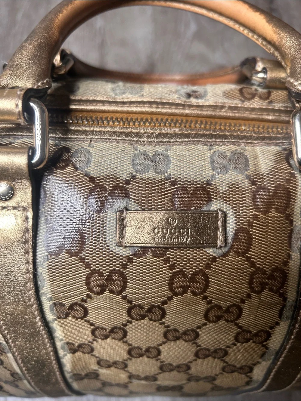 Gucci Crystal Top Handle Brown Beige GG Monogram Satchel with Gold Trim
